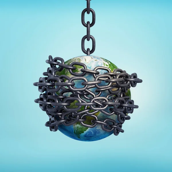 3d rendering of planet Earth hung on a chain and bound with chains all over. — Stock Photo, Image