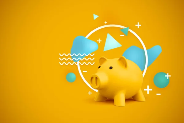 3D renderização de um banco piggy amarelo com formas diversas por trás dele em um fundo amarelo . — Fotografia de Stock