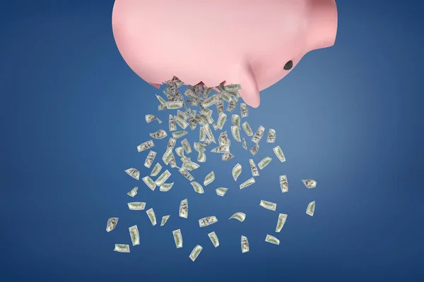 3D-weergave van een spaarvarken ondersteboven met dollarbiljetten ruzie op een blauwe achtergrond. — Stockfoto