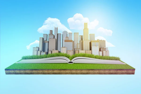 Representación 3d de una ciudad moderna que se levanta de un libro abierto que se encuentra en un parche de césped verde flotando en el cielo azul . — Foto de Stock