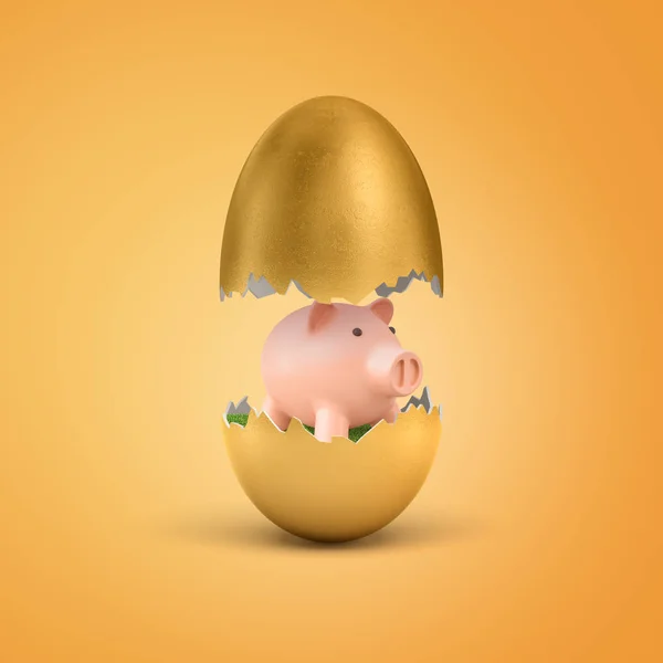 3d renderização de um ovo dourado shell quebrado em metades com um bonito rosa piggy bank dentro . — Fotografia de Stock