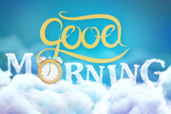 3d rendering of Good Morning sign with golden alarm clock on blue sky white clouds background