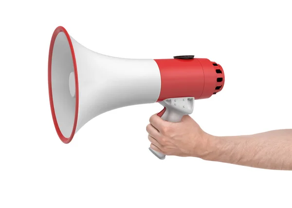 3d rendering of red and white megaphone in hand isolated on white background — Stock Photo, Image