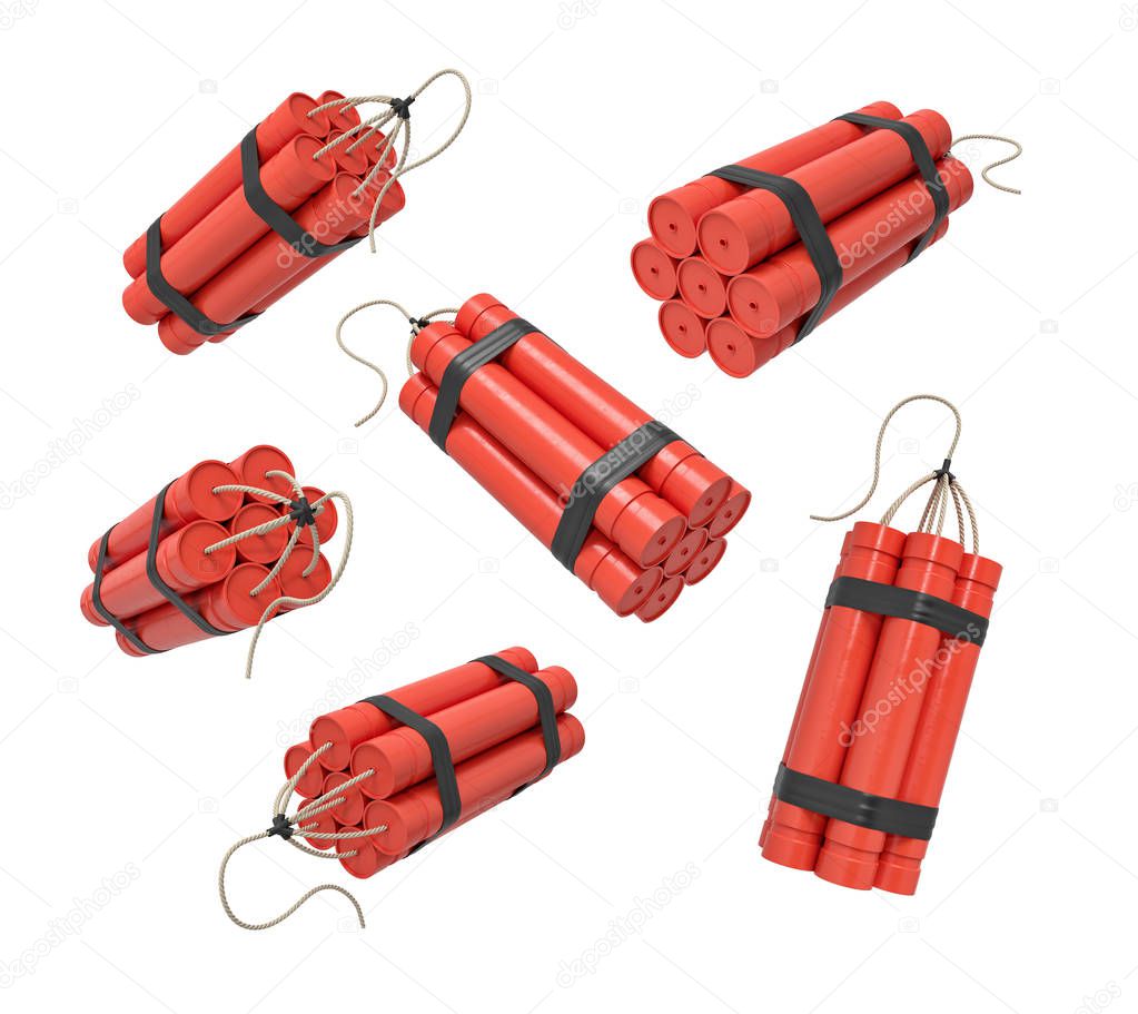 3d rendering of a set of bundles of dynamite sticks isolated on a white background.