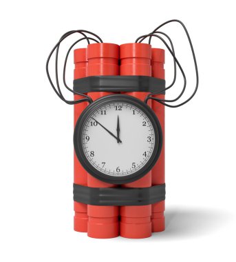 Beyaz arka plan üzerinde izole kırmızı dinamit sopa saatli bomba 3D render