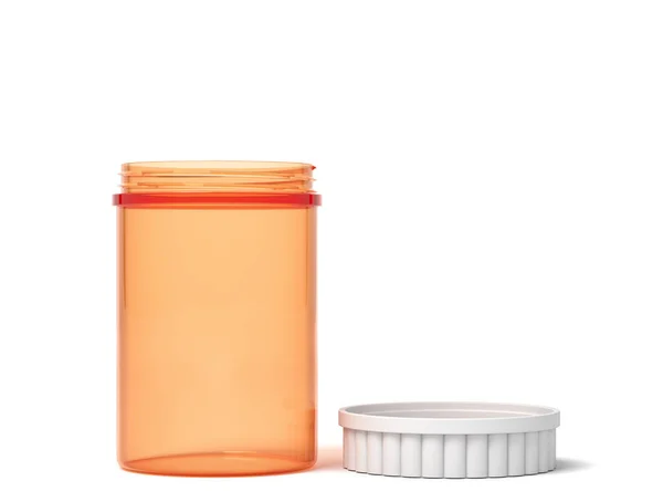 3d rendering of a transparent orange plastic jar with a white lid beside on a white background. — Stock Photo, Image