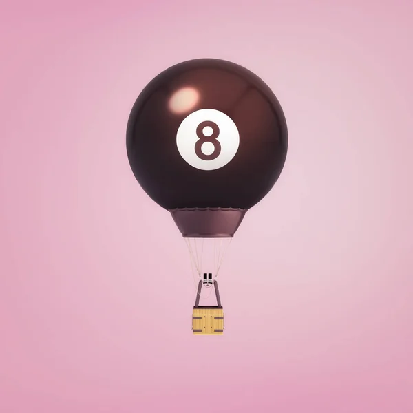 3d rendering of a hot air balloon with a basket below a canopy looking like large billiards ball with a number 8 on it. — Stock Photo, Image