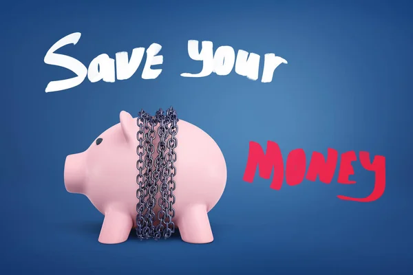 3D renderização de um banco piggy rosa ligado por corrente de metal perto das palavras Save Your Money . — Fotografia de Stock