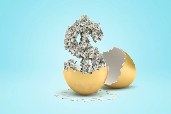 3D-Darstellung von Geld Dollar aus goldenem Ei auf hellblauem Hintergrund ausgebrütet — Stockfoto