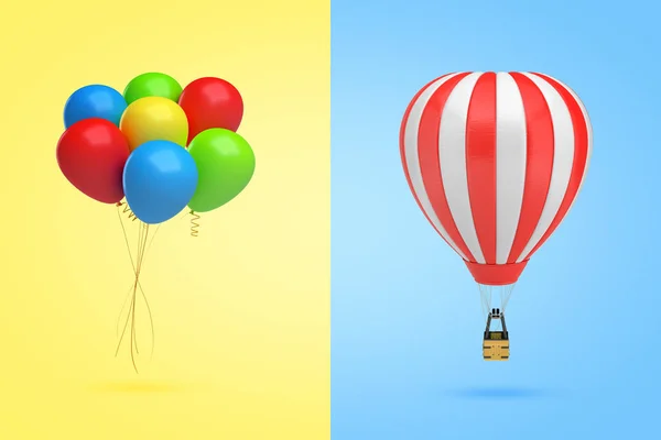 3d renderização de um pacote de balões multicoloridos no fundo amarelo à esquerda e de um balão de ar quente no fundo azul claro à direita . — Fotografia de Stock