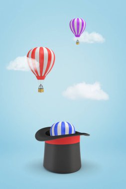 3d rendering of two hot-air balloons in the sky and a top hat standing in the foreground with one more hot-air baloon popping out. clipart
