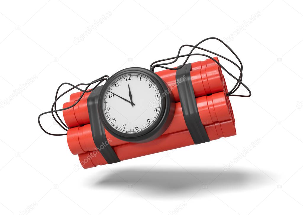 3d rendering of a bundle of dynamite sticks with a clock attached to the side of it on a white background.