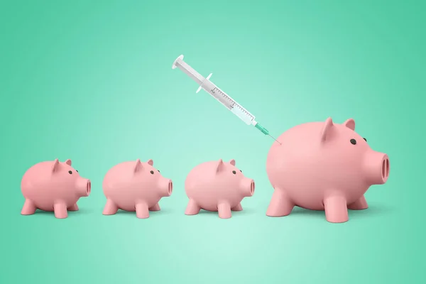 3D-rendering van drie kleine en één groter piggy banks permanent in bestand, een spuit geven van een injectie aan de grotere. — Stockfoto