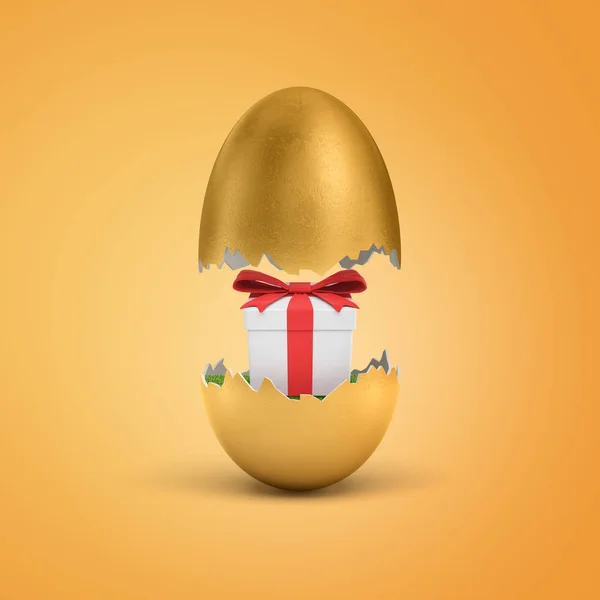 3d rendering of a golden egg shell broken into halves with a white gift box tied with a red ribbon inside. — Stock Photo, Image