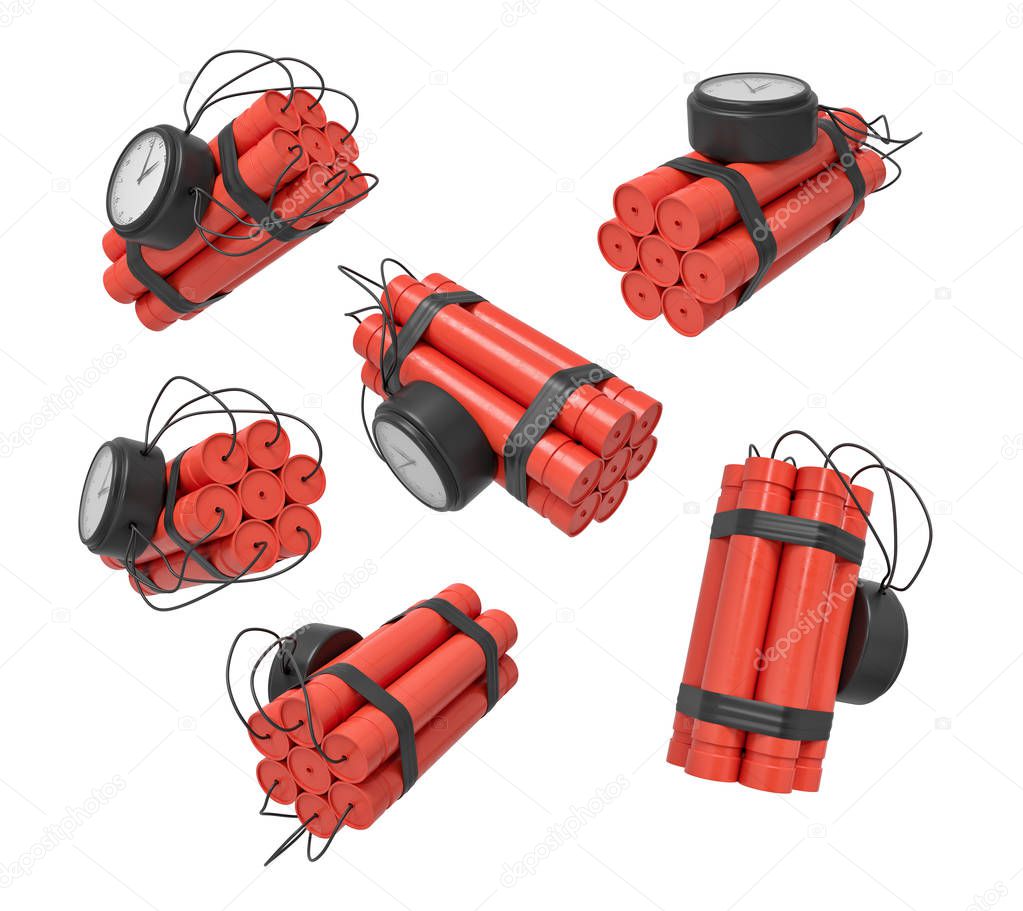 3d rendering of a set of bundles of dynamite sticks with clocks attached to them isolated on a white background.