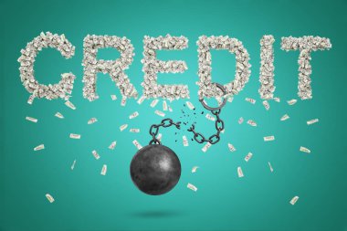 Kredi doları ile oluşan başlık 3D render faturaları, kırık bir zincir ile mektubu D sarkan zincir top..