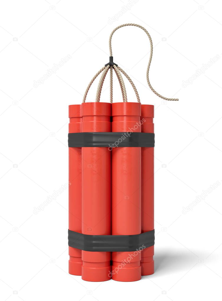 3d rendering of a bundle of dynamite sticks standing upright on a white background.