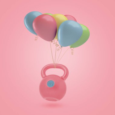 pembe kettlebell pembe bir arka plan üzerinde renkli balonlar bağlı 3D render