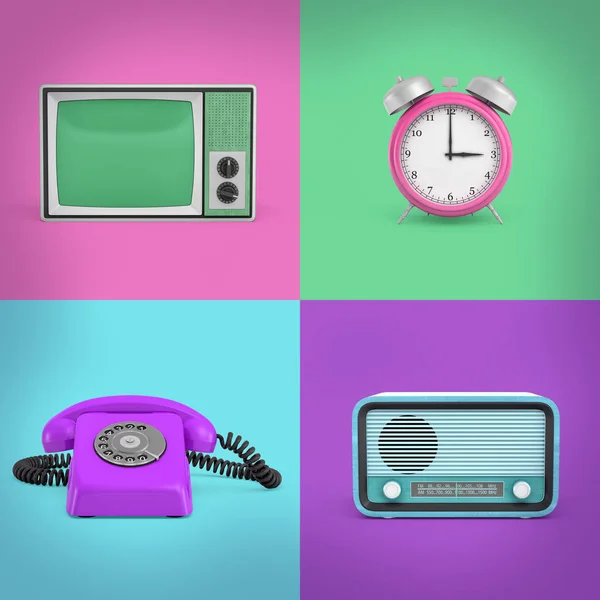 3D-Darstellung von vier kontrastreichen Hintergrundquadraten mit einem Retro-Telefon, einem Radio, einem Fernseher und einem Wecker. — Stockfoto