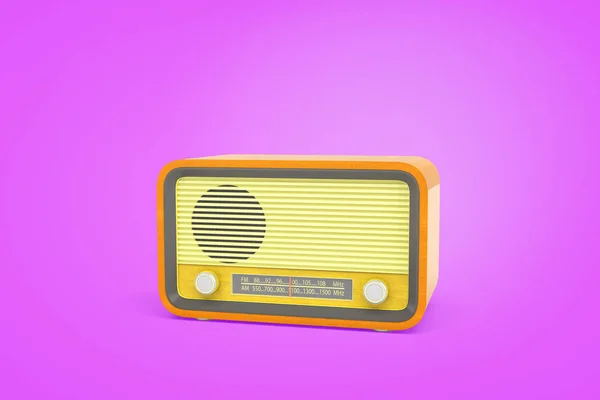 3d rendering of a yellow retro radio unit with a radio wave indicator and a turning knob stands on a purple background. — Stock Photo, Image