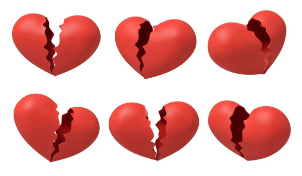 3d rendering of set of six red broken hearts isolated on white background — Stock Photo, Image