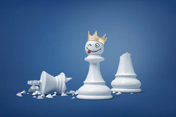 3d rendering of white pawn with a smiley face wears a golden crown and stands near a broken chess king.