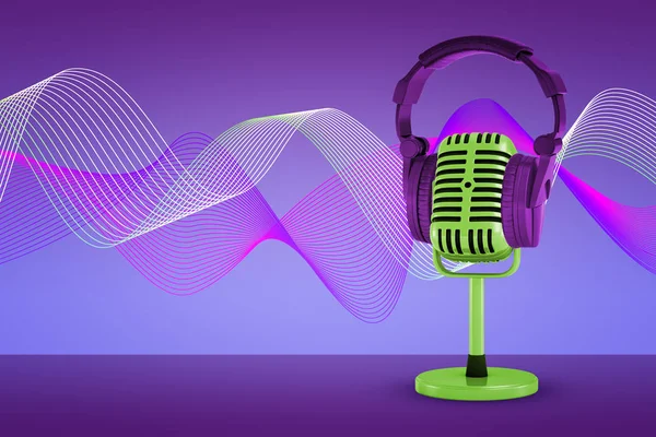 3D рендеринг зеленого ретро микрофона стоит с современной гарнитурой лежащей на нем на фиолетовом фоне с красочными звуковыми волнами . — стоковое фото