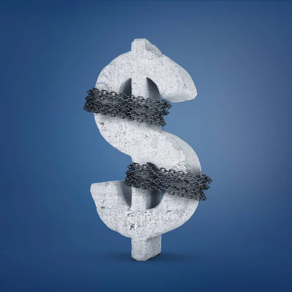 Rendering 3d di un grande segno di dollaro di cemento legato da una catena metallica su uno sfondo blu . — Foto Stock