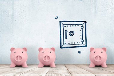 Üç sevimli domuzcuk bankalar yüz ileriye doğru ayakta bir duvarının yakınında 3D rendering ile kapalı kasa bir çizim üzerine.