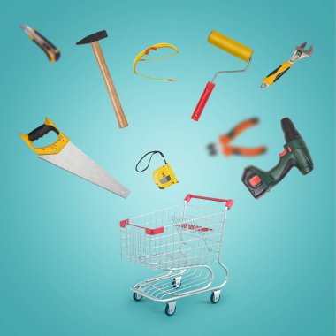 saçılma her yöne bir alışveriş sepeti duran katta ve çeşitli DIY 3D işleme malzemeleri.