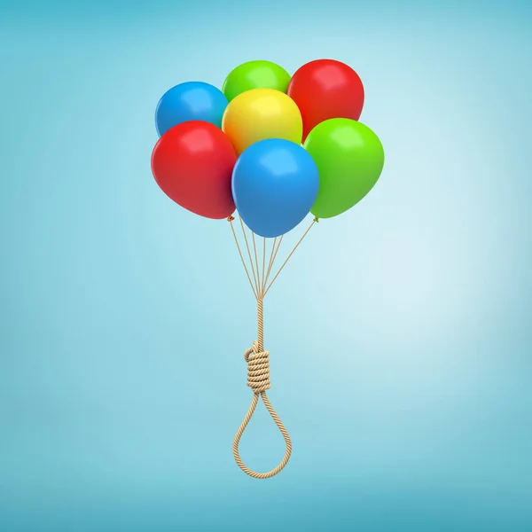 3d rendering of a bundle of helium balloons tied to a hangmans knot on a light-blue background.