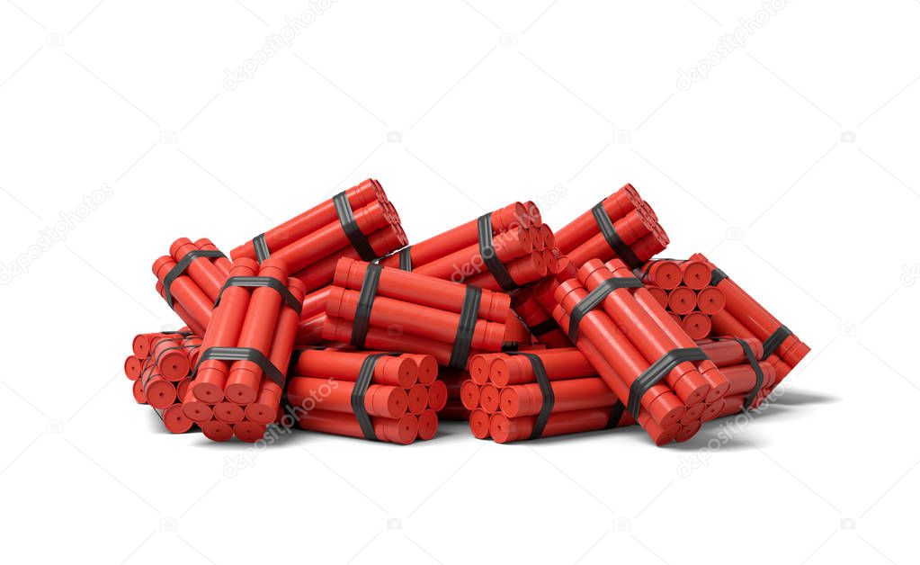 3d rendering of a heap of bundles of dynamite sticks on a white background.