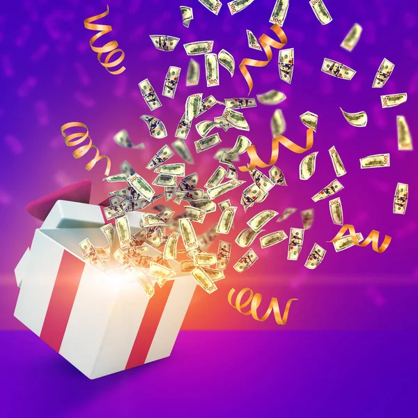 Rendering 3D di dollari di denaro che cadono dalla confezione regalo su sfondo viola — Foto Stock