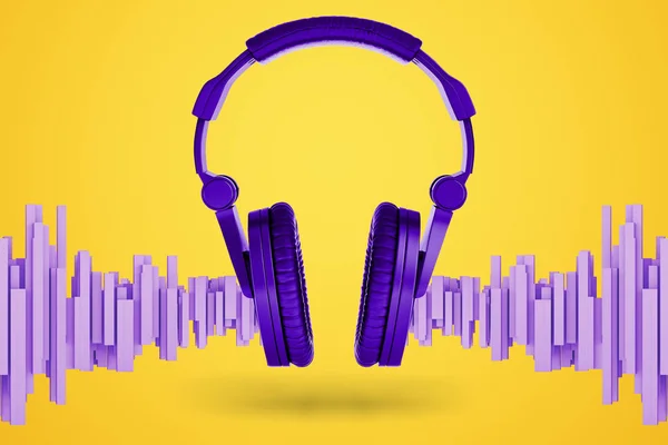 3D representación de auriculares de música violeta brillante con bloques en forma de onda sonora de pie cerca de ellos sobre un fondo amarillo . —  Fotos de Stock