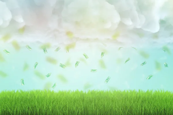 3d rendering of shower of dollar bills raining from thick clouds onto green lawn. — Stock Photo, Image