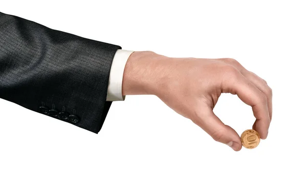 Κοντινό πλάνο πλευρά επανδρώνει το χέρι στο κοστούμι κρατώντας δέκα-Ρούβλι κέρμα που απομονώνονται σε λευκό φόντο. — Φωτογραφία Αρχείου