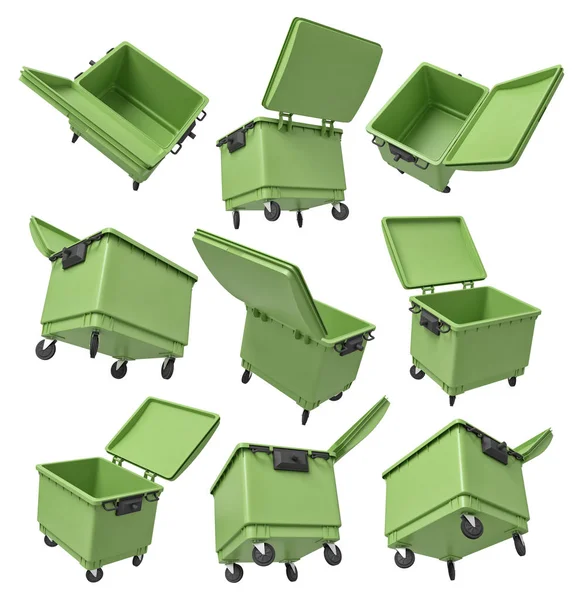 3d rendering of set of nine green trash bins isolated on white background — Stock Photo, Image