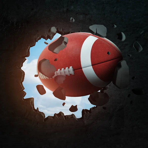 3d rendering of an American football punching a big round hole in a black wall with blue sky peeking through the hole.