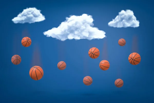 3D візуалізація помаранчевих баскетбольних м'ячів під білими хмарами на синьому фоні — стокове фото