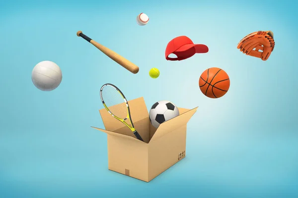 3D-weergave van een kartonnen doos met verschillende sport ballen, vleermuizen en doppen vliegen in of buiten het. — Stockfoto
