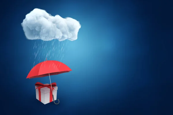 3D-rendering van rode geschenkdoos onder rode paraplu met een wolk en regen druppels boven op de blauwe achtergrond — Stockfoto