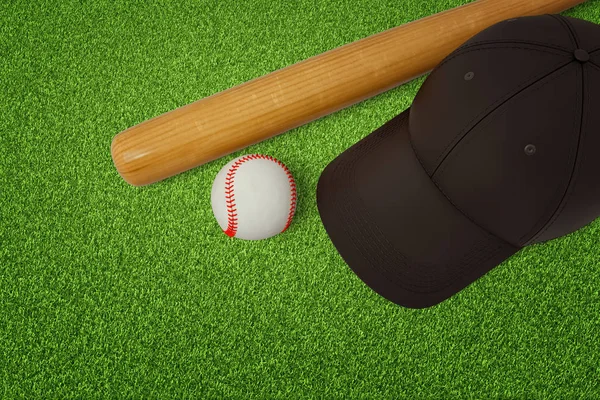 3D vykreslování baseballová pálka, míček a černou čepici na zelené louce pozadí — Stock fotografie