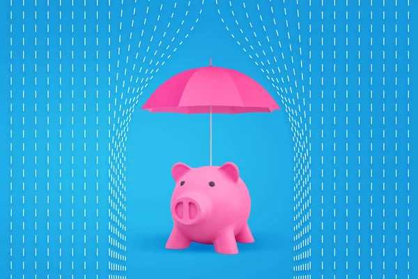 3d renderização de um banco piggy brilhante em pé sob um guarda-chuva aberto que protege-lo de gotas de chuva simbólicas . — Fotografia de Stock