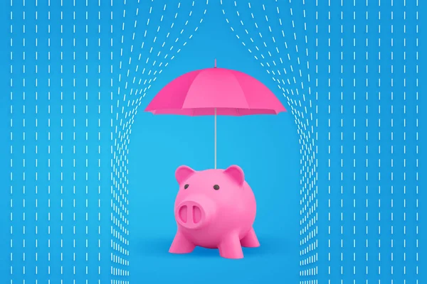 3d rendering of a bright piggy bank standing under an open umbrella which protects it from symbolic rain drops.