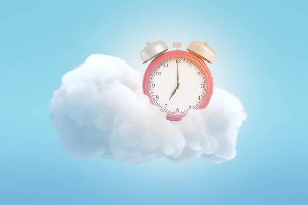 3D Render mavi bir arka plan üzerinde kabarık beyaz bir bulut üzerinde eski moda bir çalar saat. — Stok fotoğraf