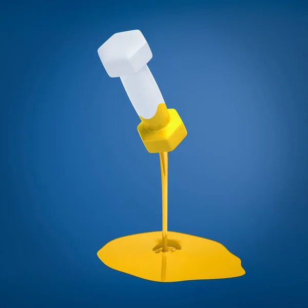 3d rendering of a grey dumbbell one side of which has been dipped in yellow paint that is still dripping down and forming a puddle. — Stock Photo, Image