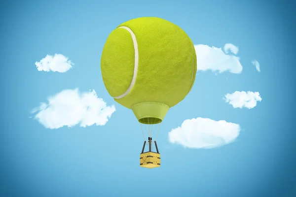 3D-weergave van een bewolkte hemel met een hete luchtballon met behulp van een baldakijn in de vorm van een gele tennisbal. — Stockfoto
