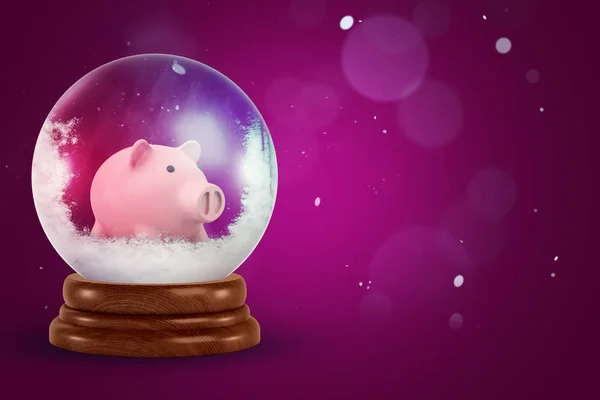 3d rendering of christmas snow globe with piggy bank inside on dark pink background