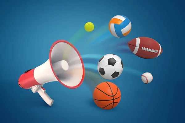 Renderowania 3D megafon i kule różnych dyscyplin sportowych na niebieskim tle. — Zdjęcie stockowe