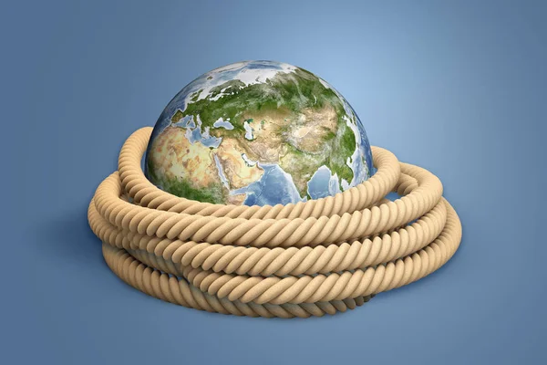 3d rendering of rope around earth on blue background — Stock Photo, Image